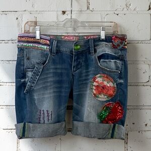 Desigual Blue Embroidered & Patchwork Boho Denim Shorts